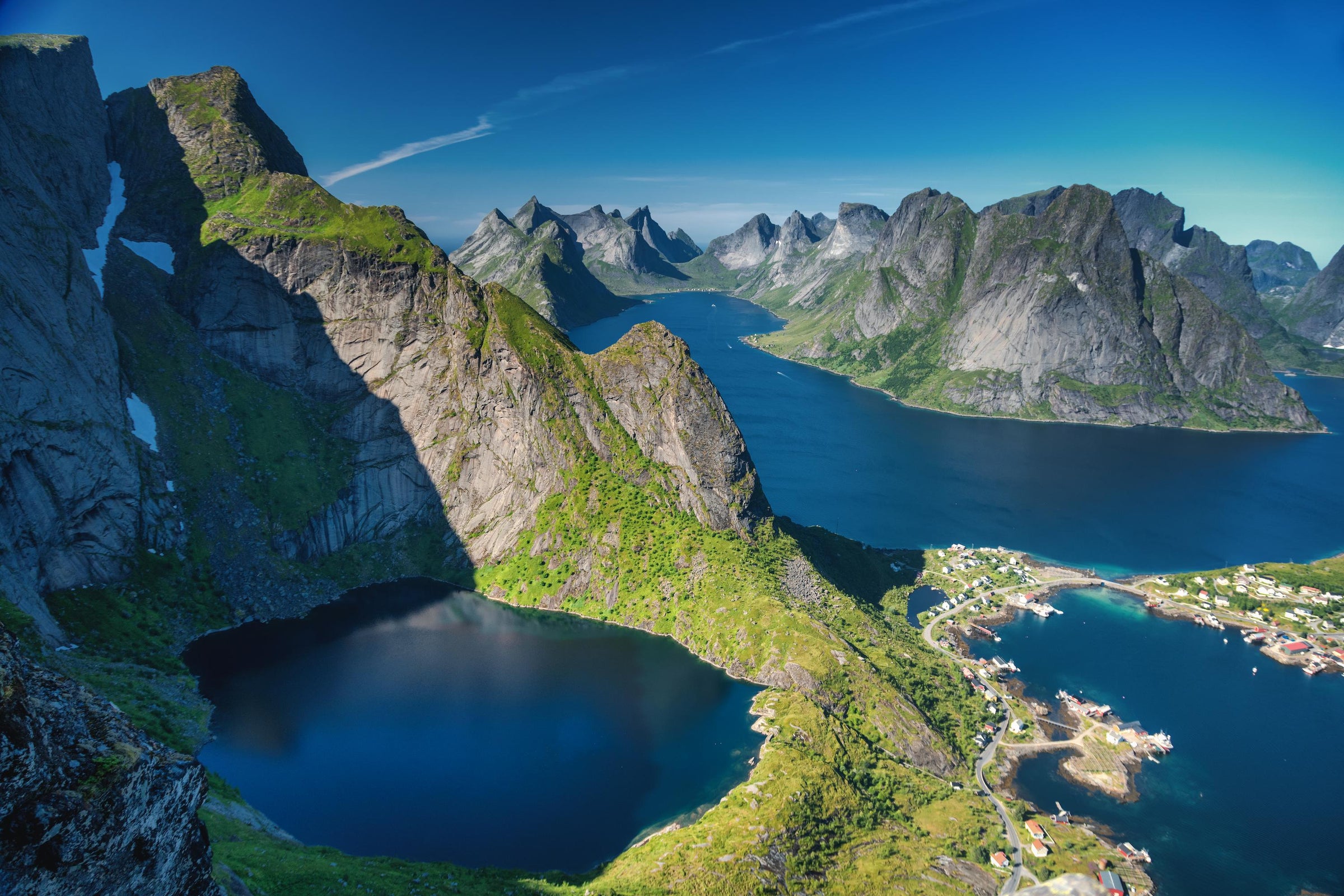 Scenic view of a fjord with mountains and a lake, Lofoten Islands, Norway